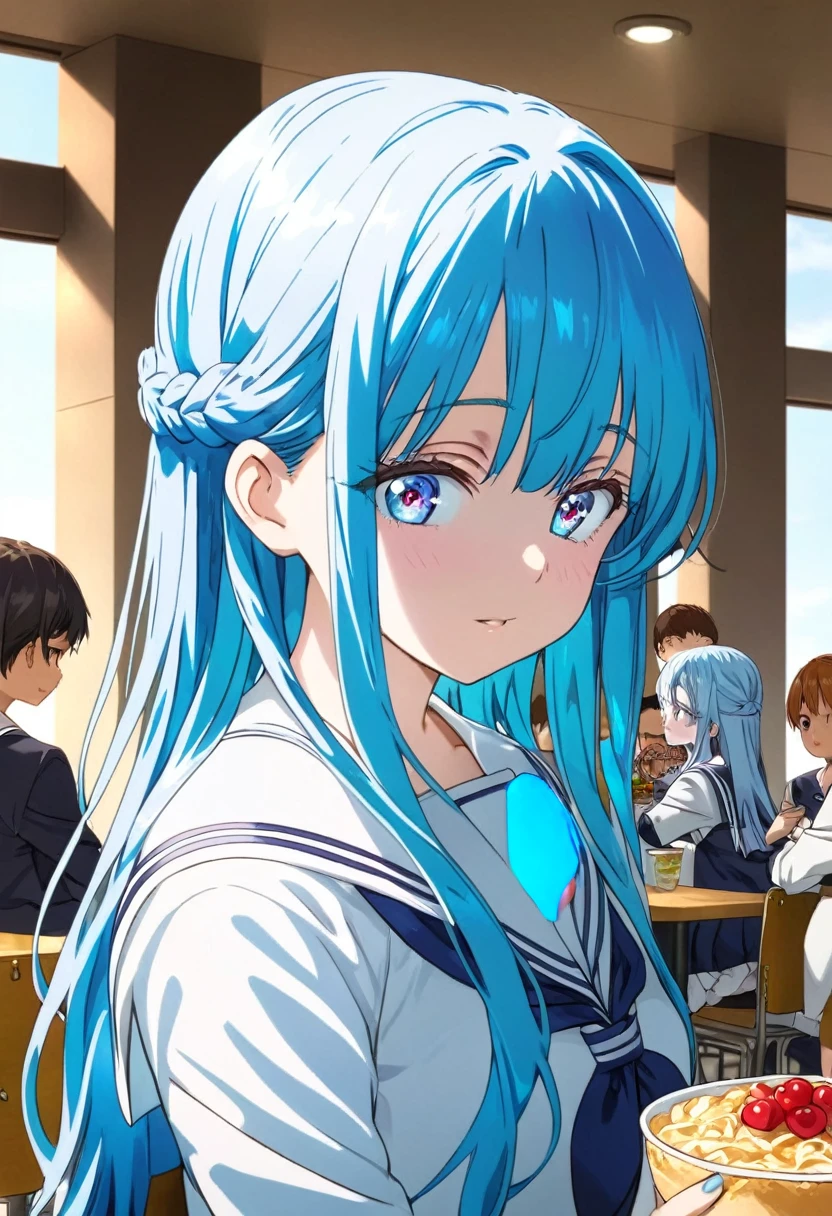 school students enjoying their lunch in a crowded cafeteria、Delicate and beautiful anime face、Clear Eyes、Sailor suit、 light blue Braided long hair beautiful girl、, anime, face,younge ,****,(((( light blue long hair)))),Best Quality,High resolution, young,, realistic shadows, anime screencap, face,baby face,