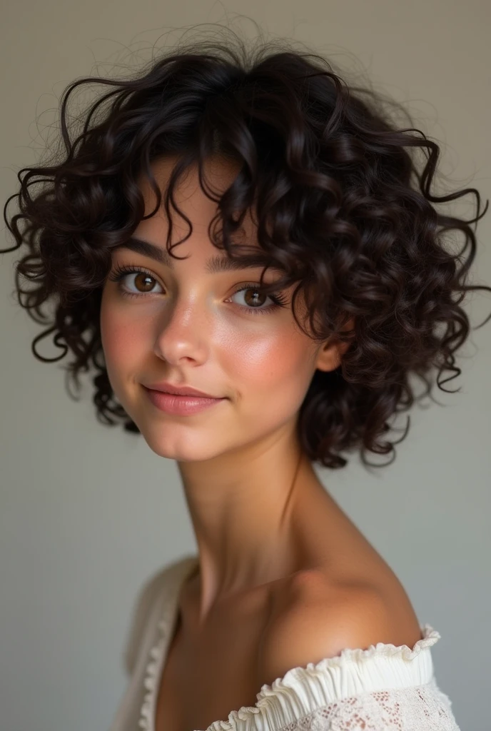 and dark curly hair but short