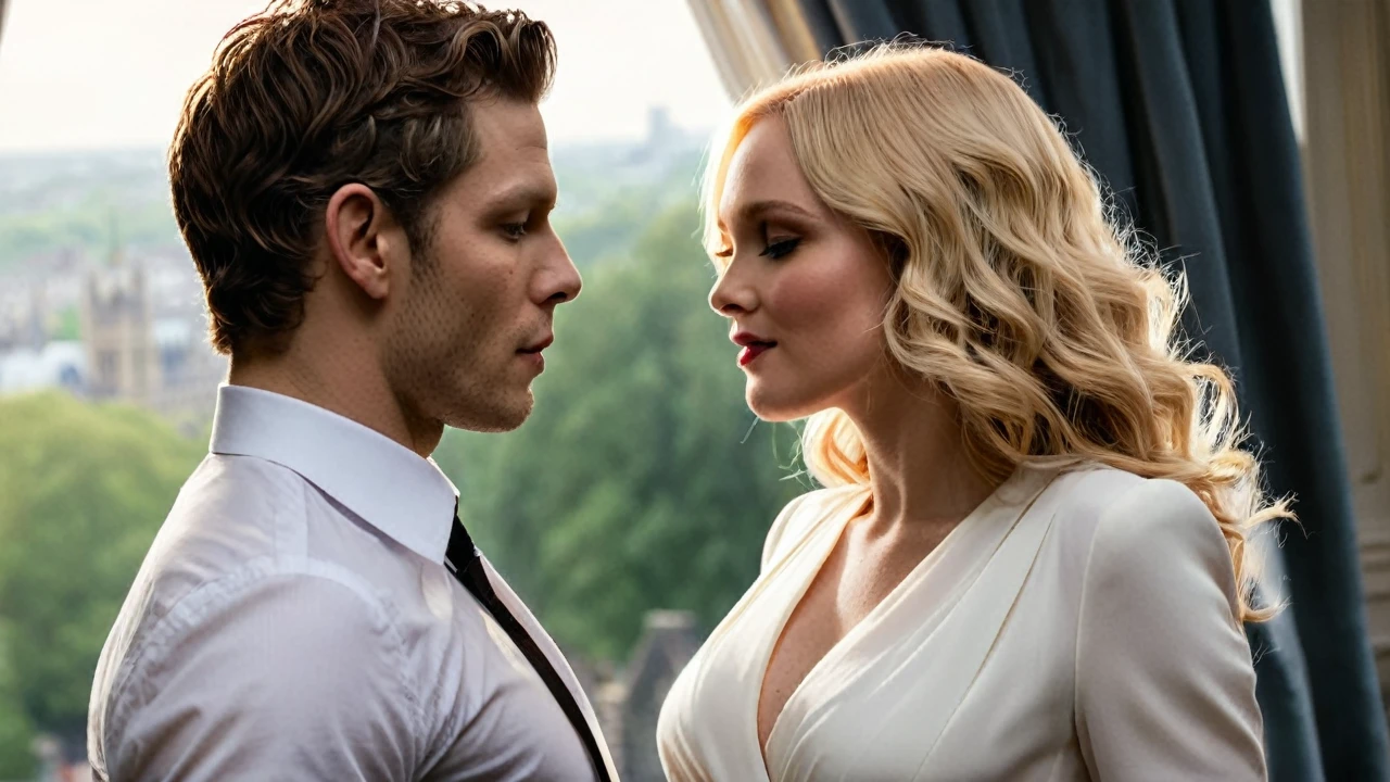 an ultra-realistic image, creates a cinematic scene Joseph Morgan, elegantly dressed in a write suit, and the beautiful Candice Accola, a woman with her long beautiful blonde hair and light dress,The two are in London kiss and affection, he holds her in his arms, 18k, photo, full body cinematic photo, they are dressed in sophisticated and elegant attire, elegant London clothes, exuding confidence and charisma. The background is poorly lit, the scene is located in London,in the background a window with a half-length blind curtain, an easel with an unfinished painting on the right side in the background,reating an air of mystery and intrigue. The overall atmosphere is a mix of glamor and drama, as if they were characters in a captivating cinematic story., photo, cinematic, photov0.2, photorealistic style, high resolution
