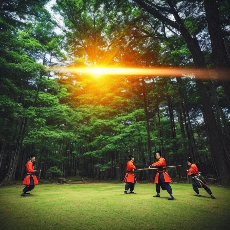 Two samurai in a serious fight。A UFO appears in the sky and shoots a beam of light at the two of them.。Highlighting the UFO!