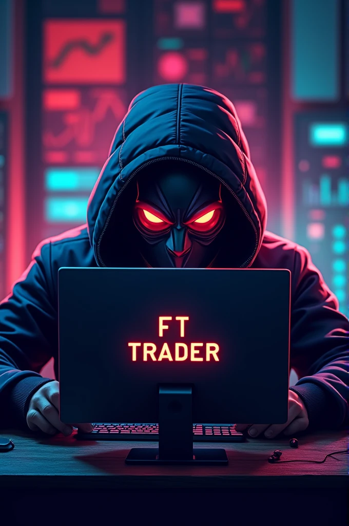 Create a YouTube channel logo with the name of the official FT trader Type of channel for financial market operations and with indicators model flux innovation with a trader with a bad face looking fixed on the screen but with some kind of mask showing only the look fixed on the screen with a red eye. Another mixed blue of the best modern gamer PC and a highlighted name FT trader on the PC screen with mixed lights behind