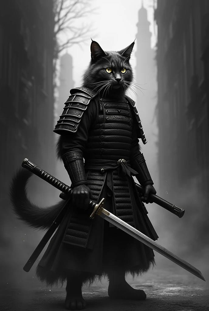Do a samurai cat with a black scenario make the screen black and white