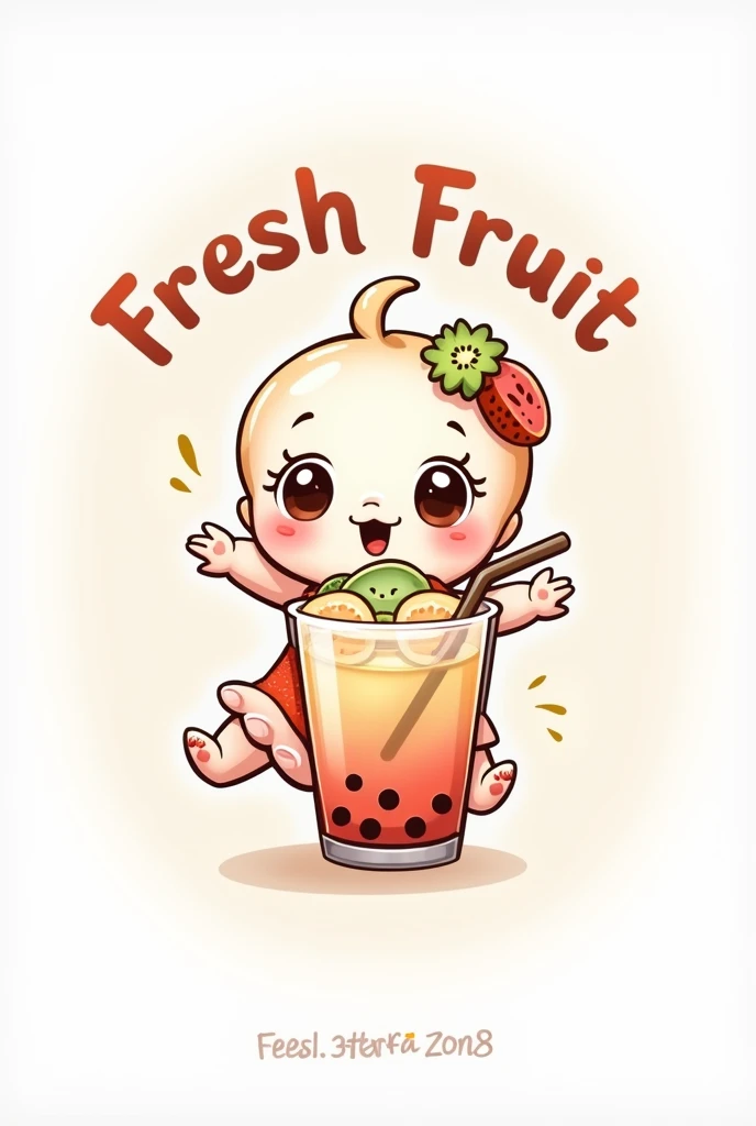Create a logo for a flavored drink called fresh fruit with a little doll drinking a drink called boba (easy to draw)