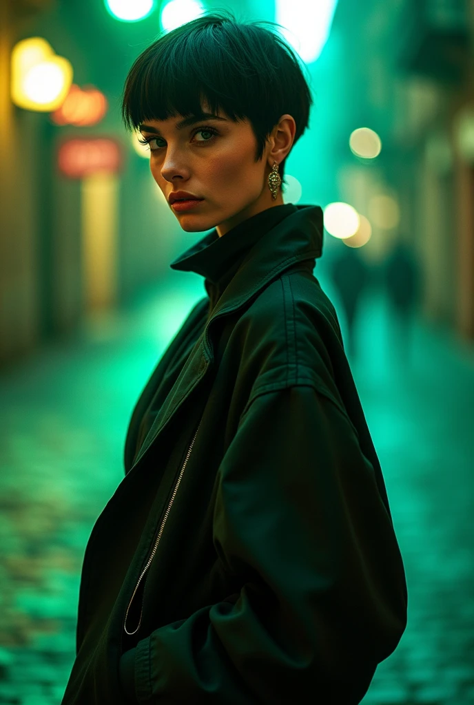 Hasselblad Leica photo portrait of a beautiful and original Italian model, dark hair , short masculin clothes inspired by Cy Twombly, Roma, creates the most incredible design clothes as possible. ,Roma street astonishing realistic lighting ambiance, the woman is standing with an intense look, very long haircut blond, lots of 12k contrast, many details Originals, epic, fashion, high couture, art, light skin , do not watching the camera ,  Chanel,  50mm portrait ,green light , professional photographer , natural light , intense looking , happy , fun ,enjoy , large large view of the scene  , charm , photoshoot photoshoot , green color , Mystic ambiance , old italy