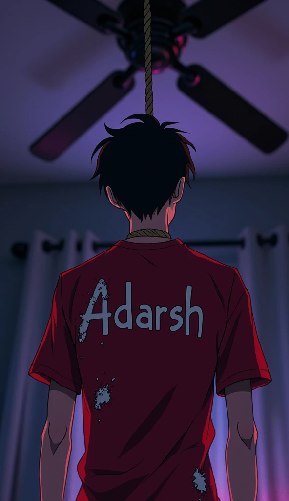 A 20 year old anime boy wearing a red damages stylish tshirt, with ADARSH written over it, hanging himself up about 6 ft. From the ground on the ceiling fan with the help of rope, "having a round of the rope in his neck", having a closed eye in a dark closed room with little dim violet and pink light, "back view".