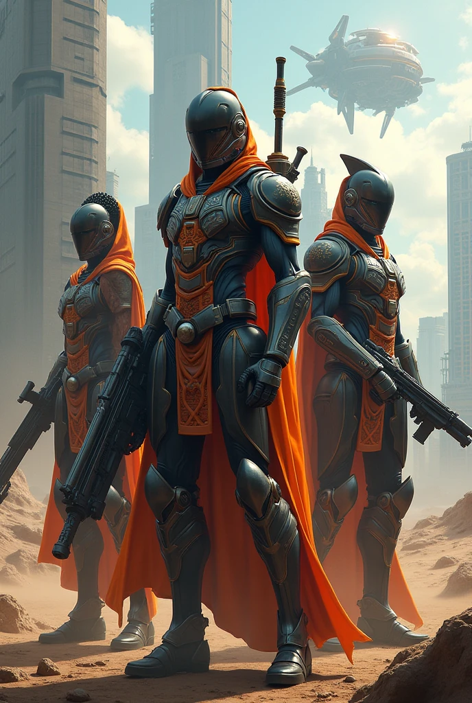 Futuristic African city. Futuristic African Warriors. Futuristic High tech gear. Incredible detail. Ultra high quality.