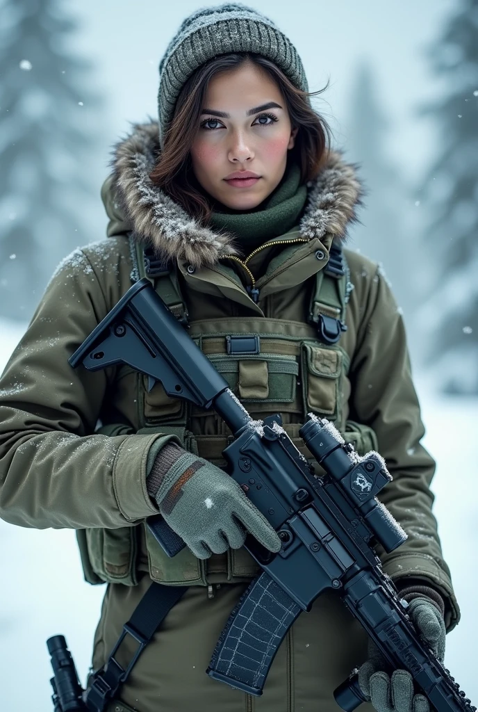 A beautiful brunette pilot girl, wearing winter camo military gear, camo plate carrier rig, combat gloves, AR-15, during a snow storm,, beautiful, moody lighting, best quality, full body portrait, real picture, intricate details, depth of field, in a cold snowstorm, , Fujifilm XT3, outdoors, bright day, Beautiful lighting, RAW photo, 8k uhd, film grain, unreal engine 5, ray travig