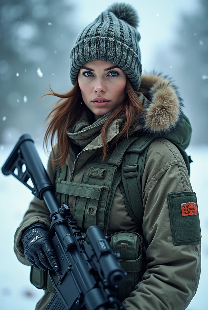 A beautiful brunette pilot girl, wearing winter camo military gear, camo plate carrier rig, combat gloves, AR-15, during a snow storm,, beautiful, moody lighting, best quality, full body portrait, real picture, intricate details, depth of field, in a cold snowstorm, , Fujifilm XT3, outdoors, bright day, Beautiful lighting, RAW photo, 8k uhd, film grain, unreal engine 5, ray travig