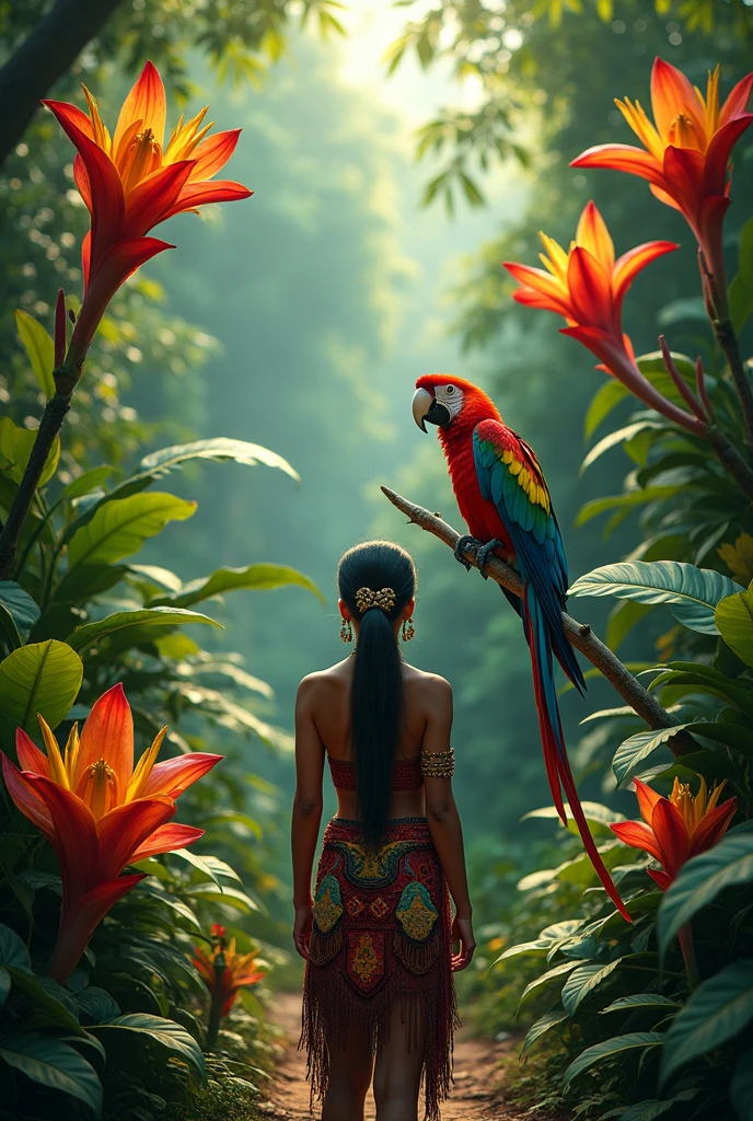 Create a background where animals and plants from the Ecuadorian Amazon can be observed. And this is the macaw, but heliconia and an Amazonian as main. Leave space in the center to be able to write lemon.