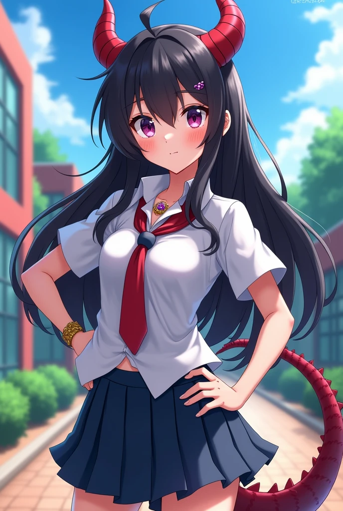 full body portrait of a young anime dragon girl with dragon horns and dragon tail and long black hair wearing a school uniform striking an arrogant pose, shiny heterochromic light purple and red eyes, she is wearing a golden necklace with an embedded amethyst, bright colours, detailed eyes, in the background is a school yard, best quality, 4K, High Resolution, ultradetailliert, realistisch,