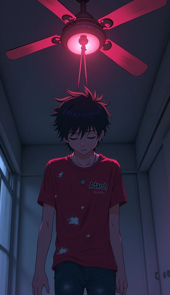 A 20 year old anime boy wearing a red damages stylish tshirt, with ADARSH written over it, hanging himself up about 6 ft. From the ground on the ceiling fan with the help of rope, "having a round of the rope in his neck", having a closed eye in a dark closed room with little dim violet and pink light, "back view".