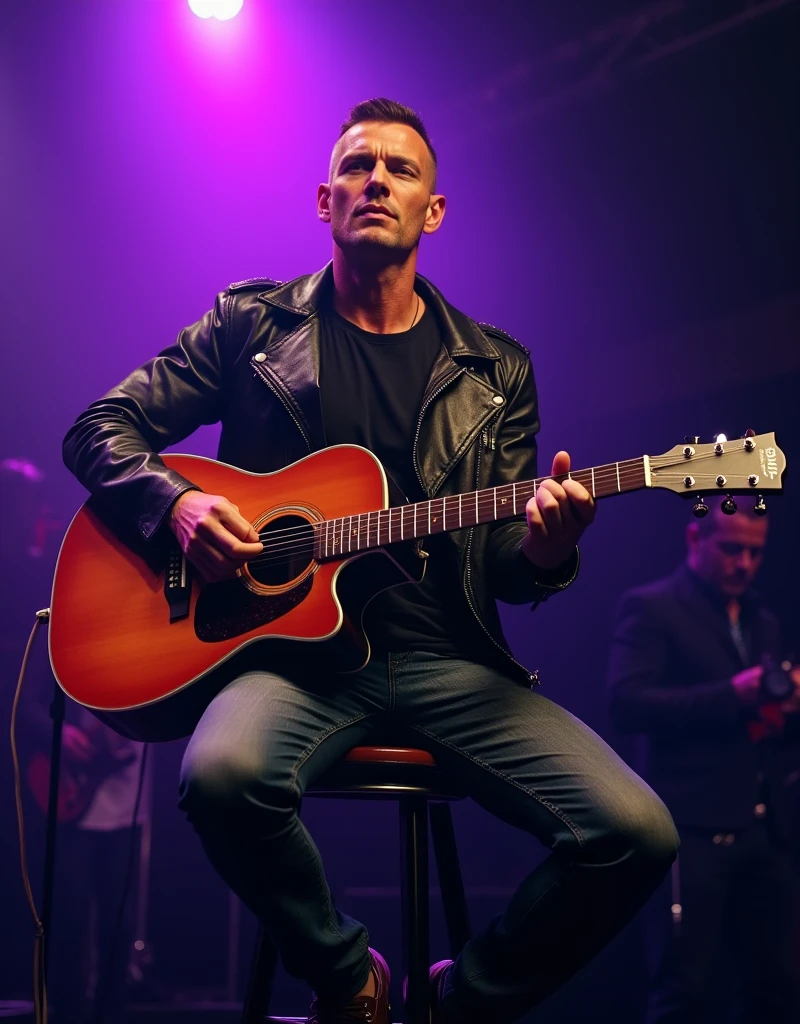 Realistic photos, handsome man 40 years strong physique and perfect body,  crew cut hair, wearing leather jacket and jeans, playing guitar on a stool on the stage, purple spotlight on the background, night party atmosphere 