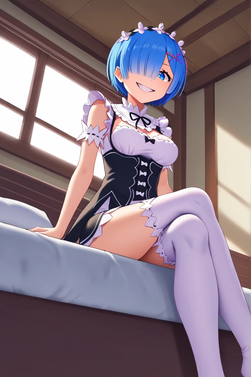 score_9, 
gesugao, evil grin, 
rem \(re:zero\), medium breasts, hair over one eye, white thighhighs, 
from below, sitting, crossed legs, 
indoors, on bed, 
high resolution, Masterpiece, 
rating_safe