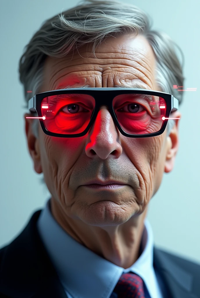 generate an image of bill gates with futuristic glasses with some red tech effects 