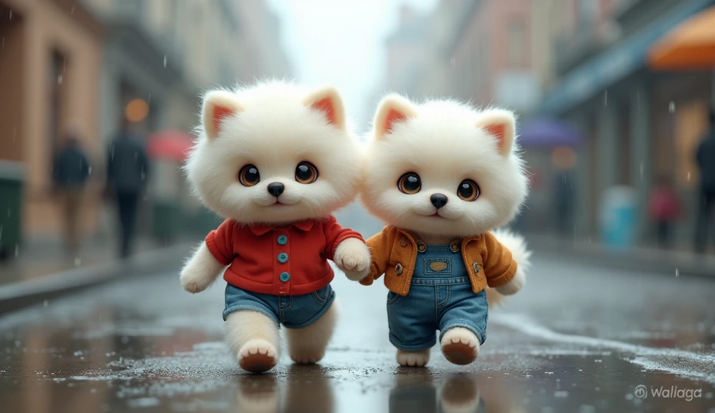 two cute white dogs dressed in red blouse and jeans, walking alone in the rain