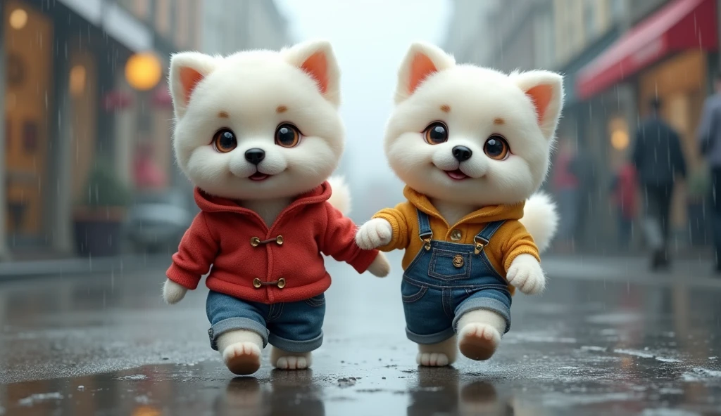 two cute white dogs dressed in red blouse and jeans, walking alone in the rain