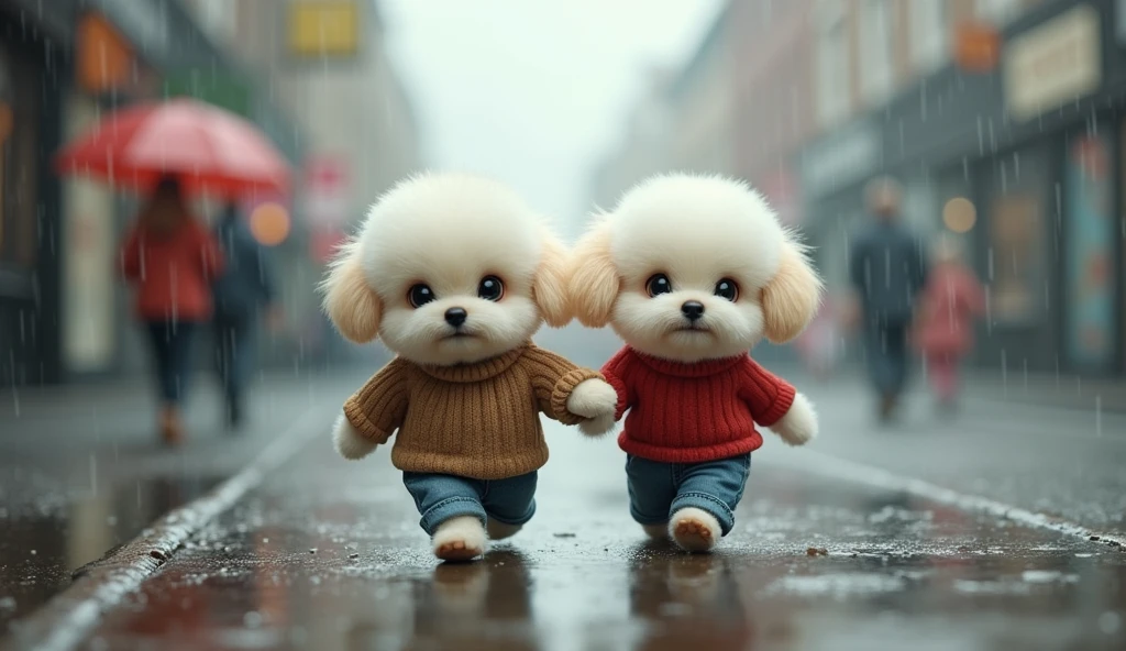 two cute white dogs dressed in red blouse and jeans, walking alone in the rain