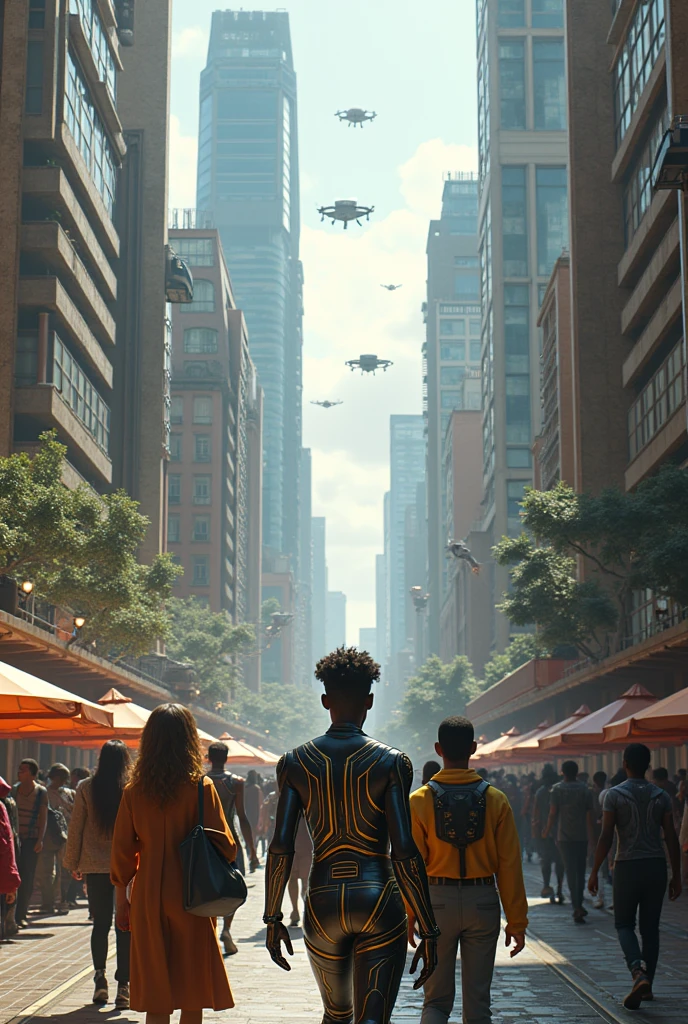 Futuristic African city. Futuristic people walking the streets. Futuristic High tech gear. Incredible detail. Ultra high quality.