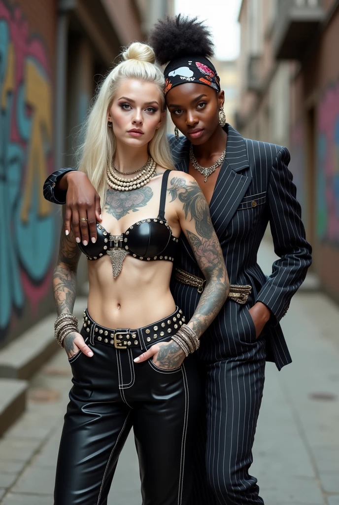 Two russian old milf women: the dominant aggressive dark skinned black woman in business pinstripe suit (jacket and trousers), black heeled shoeslong nails and afro hair, standing up with separated legs and possessive stance showing off her new white girlfriend to the camera (arm around her girlfriends' shoulder squishing her back tightly, and grabbing tightly the white woman arm with her other hand, like a predator on her prey). Next to her, her white rich drunk girlfriend looks at the camera (white woman is very pale: pale face, pale neck, pale chest, pale arms, pale hands, pale stomach, pale leg), white woman stretches her neck and looks at the camera feeling overwhelmed by her girlfriend. white woman leans on her girlfriend , feeling needy. white woman is being seduced. White woman stands up with separated legs, White woman"s body is twisted and unstable, the hands of white woman are in her pockets.. White woman dresses in rock chic style: Black studded leather thong with white seams, platinum blonde hair (pouf, top bun, wide colourful bandana as headband) and oversized square sunglasses as headband. Big lips with no makeup. Black studded leather push up bra with white seams, big breasts. Barefoot.. Lots of thick wide studded bracelets in the wrists of the white woman, big pearl necklaces around the neck of the white woman, and big rings, Pearl earrings. Wide loose studded belt with big solid buckle. Loose chains and studded belts around the hips of the white woman. White woman is lazy, leaning on her girlfriend.. The white woman is densely tattooed on neck, tattoed chest, tattoed arms, tattoed stomach, tattoed legs, wrists and feet. White woman has well Toned abdominals, thin neck, slim legs and thin arms. White woman has Narrow hips and noticeable tigh gap. The body of the white woman is twisted in a lazy posture. Full body. On a narrow street with graffitied walls