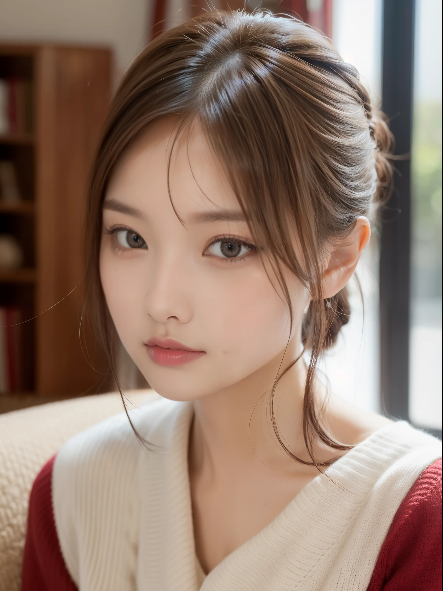 (masterpiece:1.5)、(8k)、(Photorealistic:1.5)、RAW Photos、(Best image quality:1.4)、(Sharp focus:1.5)、 (PurerosFace_v1:0.5)、
Highest quality、masterpiece、Ultra-high resolution、Soft lighting、
2、thin、Beautiful woman:1.4、Serious expression、
In the living room where the morning sun shines、 Sit on a cozy sofa、
she is wearing a red knitted sweater.、
Light brown hair、ponytail、Shiny Hair、
Super detailed face、Detailed eyes、double eyelid、
Natural color lip、Clear Skin、