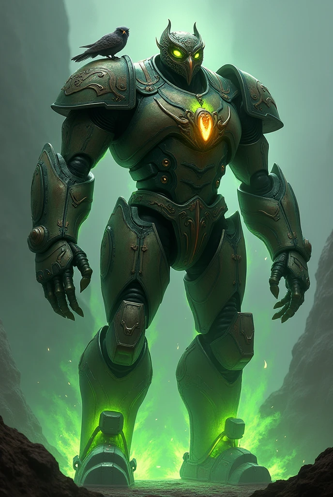 Draw me a 6 foot 9 inch warforged with an owl mask and green fire, with a small green fiery owl on his shoulder