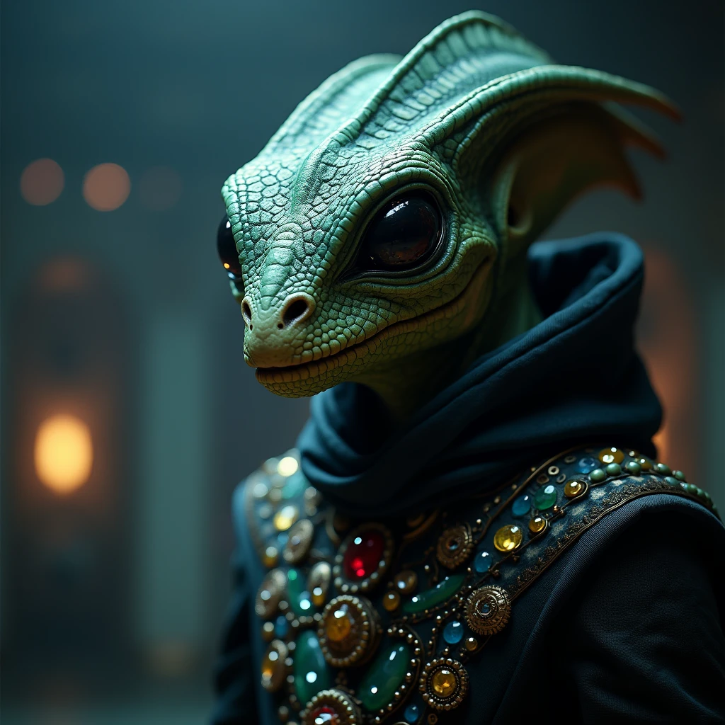 Create a photorealistic, intricate details cinematic portrait of an alien being with a captivating, otherworldly presence. The figure has large, expressive eyes with a glossy finish, set against a textured, reptilian-like face adorned with intricate patterns in shades of blue and green. The creature's head is crowned with elaborate ridges and scales, giving it a regal appearance. It is dressed in a robe made of rich, dark fabrics, decorated with an array of colorful, gem-like orbs that catch the light. The background is mother ship command deck, creating a dramatic contrast that highlights the sharp, detailed features of the alien. The lighting is moody and atmospheric, casting subtle shadows and enhancing the intricate details of the figure's skin and attire. The overall mood is mysterious and awe-inspiring, with a strong focus on the alien's enigmatic and dignified presence, depth of field, bokeh, sharp focus, Deep Focus, f/22, Cinematic film still, Arri Alexa 35, film grain, color graded, post-processed, cinematic lighting, 35mm film, best quality.