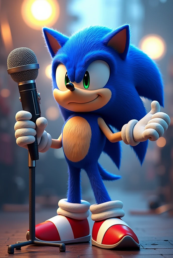 make me Sonic the Hedgehog with his arms up holding a movie microphone