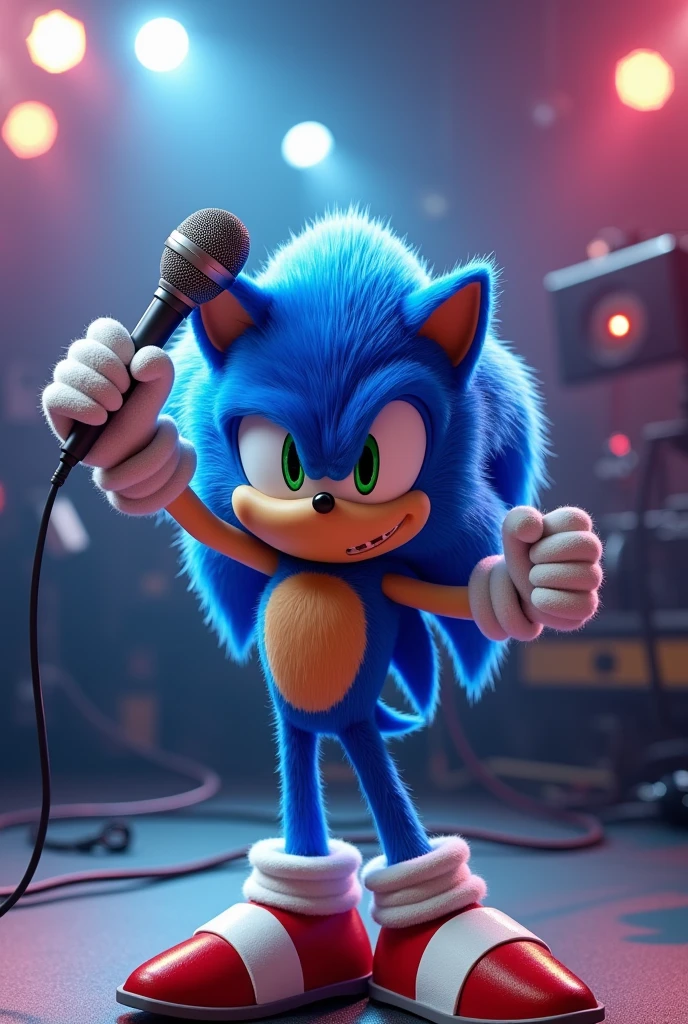 make me Sonic the Hedgehog with his arms up holding a movie microphone