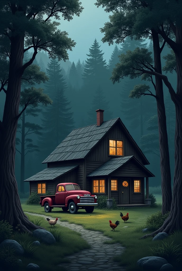 a wooden house, far from the city, A farm, a cabin near the house, some animals around, practically isolated in the middle of the forest, just a wine colored truck outside the house, the night, dark image