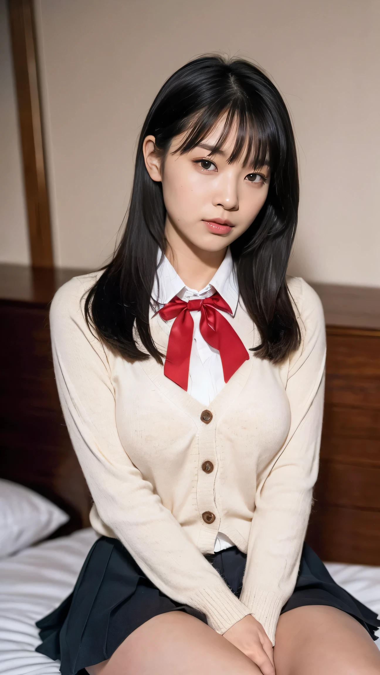 (((8k、High resolution、Highest quality、High resolution)))alone、Natural body shape、White skin、Natural Makeup、Black Hair、bangs、Straight Long Hair、、((High School Uniform)) 、((Beige cardigan、white collared long sleeve blouse))、((Red checkered pleated skirt))、(red school ribbon)、、(Big Breasts:1.3)、((The upper body is wearing a uniform))、(((((Looking into the camera)))))、(((Head to shin portrait)))、(((Exposing your thighs)))、Bedroom、On the bed、Sit with your legs apart、((Focus on the crotch))、White socks