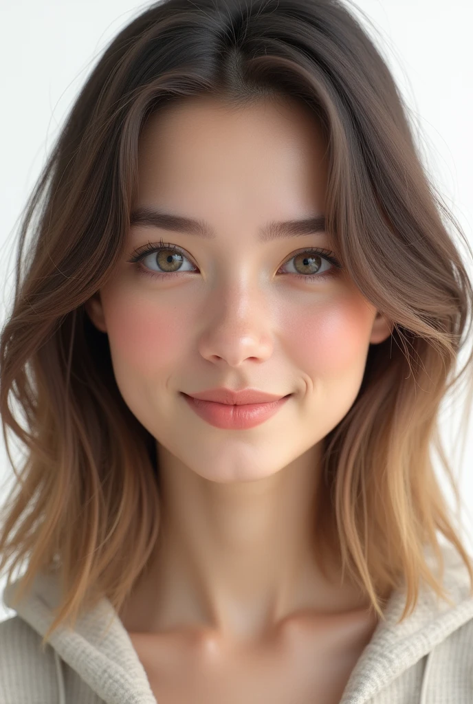 Create a detailed, realistic portrait of a young adult female face. The woman should appear friendly, with gentle facial features, visible eyebrows, almond-shaped eyes, and a small nose. Her lips should have a subtle smile, not too full, and her medium-length ombré-colored hair (ranging from dark blond to ashy blond) should be smooth and slightly wavy. She has distinctive features that could suggest a Russian/Ukrainian heritage. The image should have a simple white background, with the focus on the face, which should have a warm and inviting expression. The picture should include shading to convey depth and texture, but without harsh contrasts, as the goal is to create a soft and approachable representation, kodak portra 800, 8k