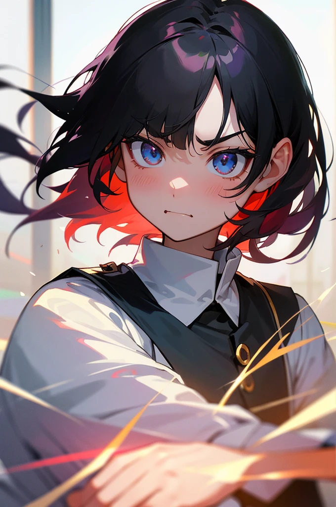 Teenager、uniform、White skin、Black hair and eyes、Slanted Eyes、Puffed out cheeks and angry、Dye cheeks red、In front of a large window、Light shines in、(Ultra delicate)(Highest quality)(Highest quality)