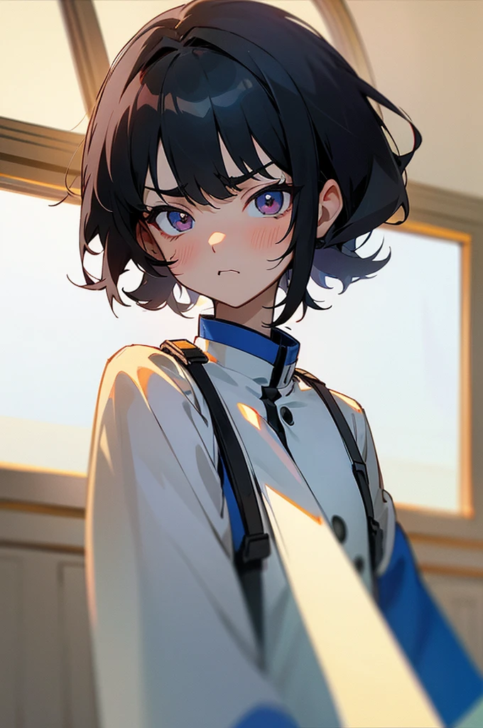 Teenager、uniform、White skin、Black hair and eyes、Slanted Eyes、Puffed out cheeks and angry、Dye cheeks red、In front of a large window、Light shines in、(Ultra delicate)(Highest quality)(Highest quality)