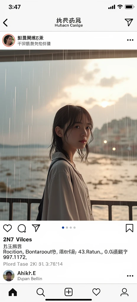You are a professional photographer.。This is a picture of the working atmosphere..。breaK,Masterpiece、８K、Highest quality, soft light, Ultra high resolution, (realistic:1.4), RAW photos,2 、1 Japanese girl, alone, cute、(student, The light in your eyes), Natural black eyes、Beautiful face in every detail,(High resolution details of human surface.)、(semi-naked、Beautiful tits）、（rift、big breasts）、Problematic face、（camel toe）、（Transparency）、gentleman、teacher、（Wearing a white shirt）、Wet skin、Wet clothes、Standing under the eaves、Shelter from the rain、(portrait photography)