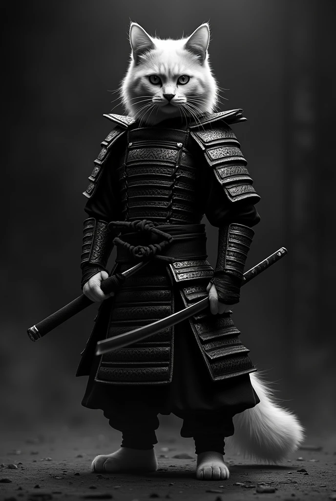 Do a samurai cat  in a cat body with a black scenario make the screen black and white 
