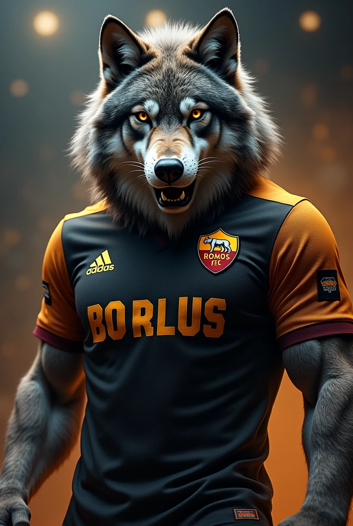 Design a wolf with the ROMA black alternate jersey, imposing, strong, dinga image and special as a cover photo as for a vs. Surreal image, professional 3d looking sideways as if for a versus similar to a boxing portal on the chest the name of LOBOS FC