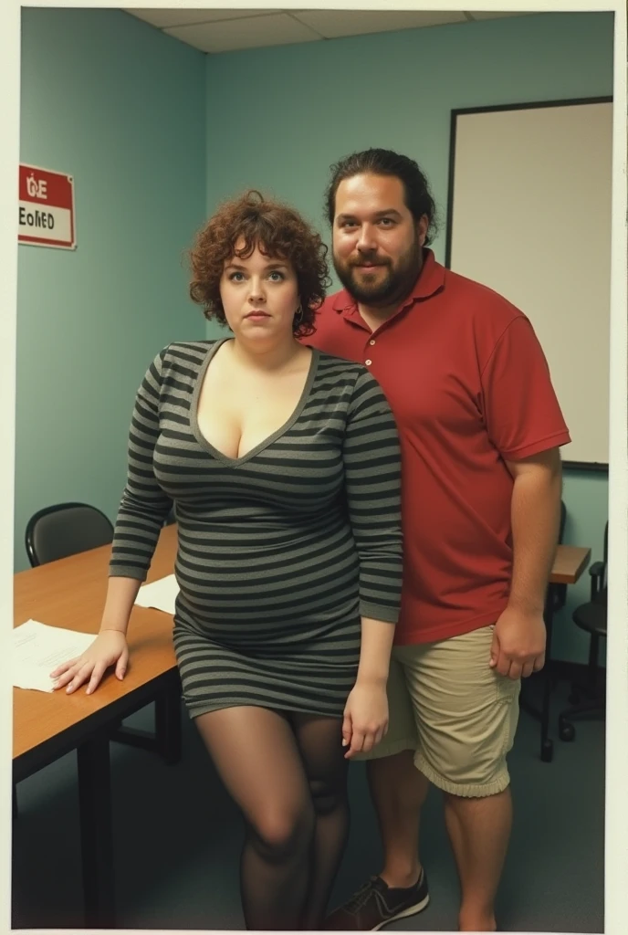 photo taken with a 1980s disposable camera, a 35-year old short curly hair, chubby german woman, pale skin, slighty overweight, gorgeous body, with very medium breasts, wide hips, groped, pronounced clavicles, plump ass, with short curly brown hair, blue eyes , plump juicy wet lips, high defined cheekbones, soft elegant jawline, she's wearing a tight cotton very short sexy dress that goes down mid-thigh with broad thick horizontal black and gray stripes and long sleeves, cleavage. Her very shortdress is hiked up to the top of her thigh, messily, so you can see her entire stockings. She has on dark black sheer stocking under her minidress and very long legs. A sign with the logo for "Nashville Entrepreneur Center" is on the wall. She is standing, bent over a table, facing the camera, look at some paperwork. Very important that she is standing and bent over. A fat, round-faced jewish man, aged 30, not tall, medium size, with shaven brown hair, wearing a red polo shirt and beige shorts, stands behind her, touching her breast, touching her ass, as she is bent over the table. She is looking directly at the camera with a surprised but satisfied look on her face as the dreadlocked white man stands directly behind her bent over the table.. Important that she’s bent over, she has sagging breasts, wide hips, plump ass. No large breasts. Very bright and harsh camera flash, like a paparazzi flash, as if they were caught having an affair. bad lighting, candid boring blurry low quality analog polaroid photo. ultra-detailed photorealism. they both have surprised expressions on their faces.