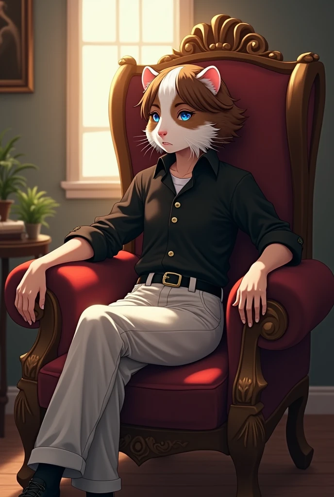 Ambiguous gender, beautiful, half human, half guinea pig, sitting on a throne, lasts, black buttoned shirt, white pants, black strap, black shoe, brown hair and white streak, interior, Soft lighting, spy painting pictures, window with sunlight, cozy room, relaxed pose, docile and noble, vtuber and anime details
