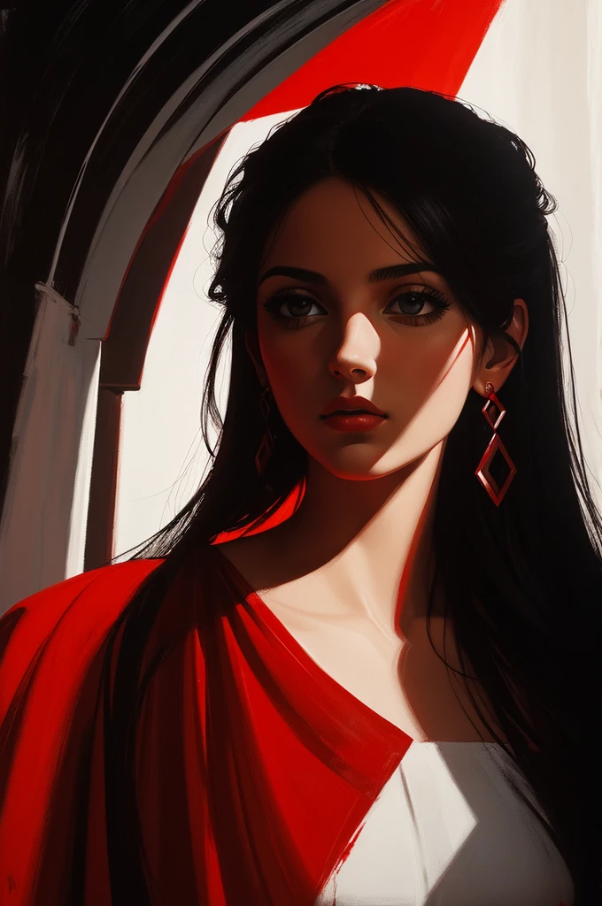 woman, red, black, WHITE, Abstract, wide angle, beautiful greek style art, Colors, chiaroscuro, cinematic, acrylic painting