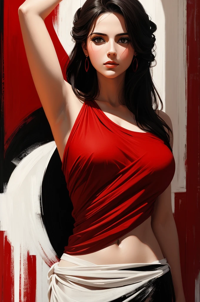 woman, red, black, WHITE, Abstract, wide angle, beautiful greek style art, Colors, chiaroscuro, cinematic, acrylic painting