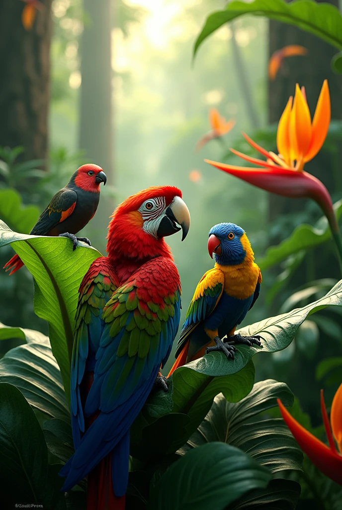 Create a background where animals and plants from the Ecuadorian Amazon can be observed. And this is the macaw, ma heliconia and two Amazonian as main. Leave space in the center to be able to write lemon.