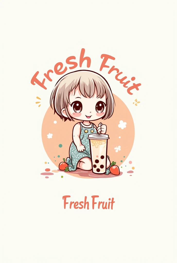 Create a logo for a flavored drink called fresh fruit with a little doll drinking a drink called boba (easy to draw)