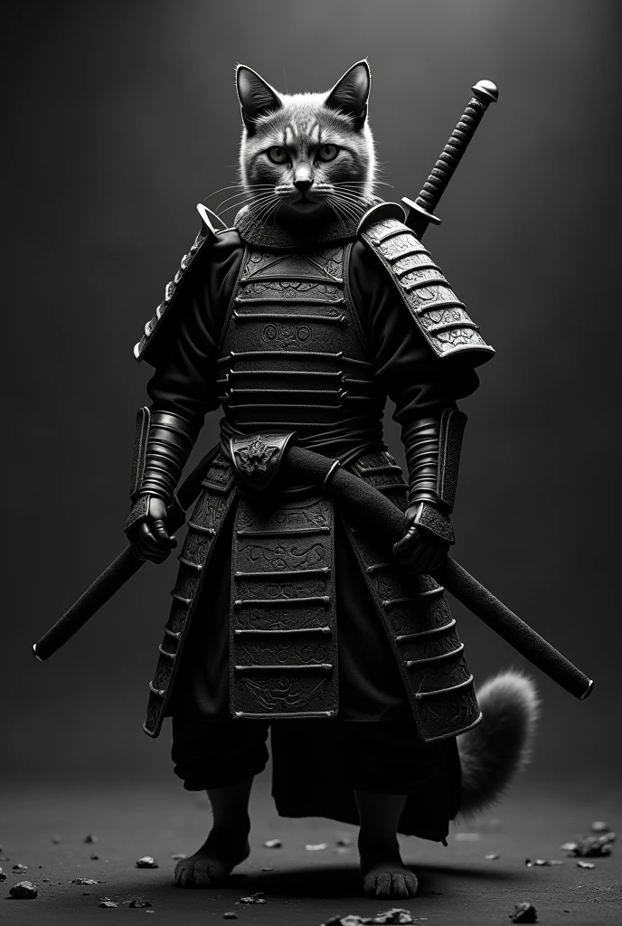 Do a samurai cat in a cat body with a black scenario make the screen black and white