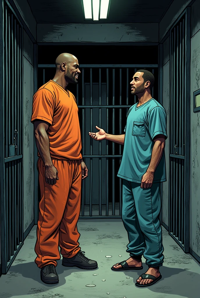 Now show me an African-American welcoming this same Latino in prison. (comic version)