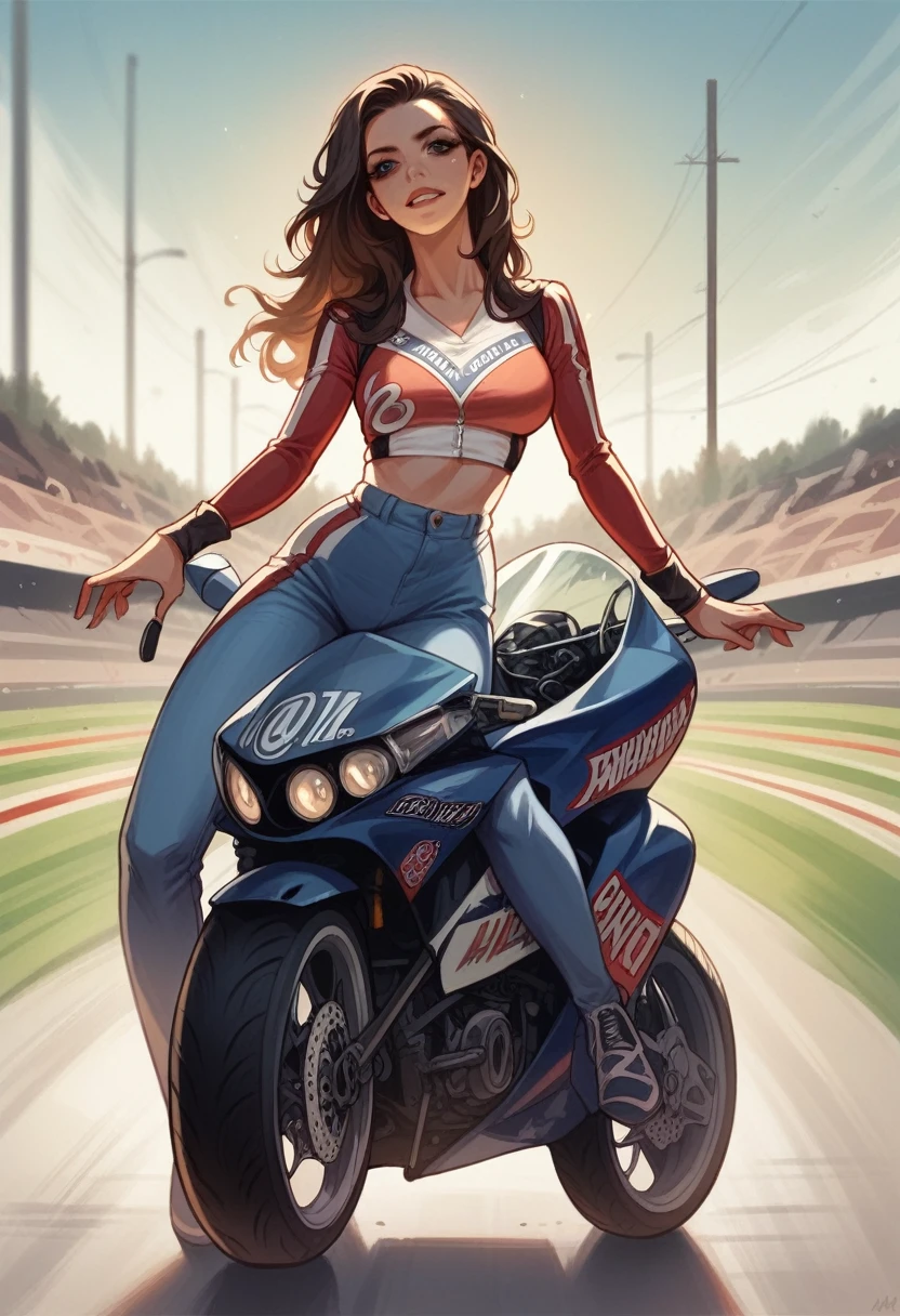 realistic sexy influencer model with gorgeous body with dark brown hair in motorcycle racing gear on a racetrack, in front of a Yamaha R1 natural makeup face like Sydney Sweeney