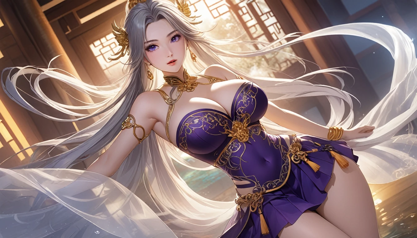 high quality,HD,16K,Sharp Line,1 Girl,fantasy, (Fire Spirits),Pretty Face, Large Breasts, Beautiful legs,In the water,Focus Girl,detailed Pretty Face,Detailed clothes,beautiful eyes,Cool,Sexy,Dynamic Angle,穿着华服的神明Strike a pose拍照, Ancient mysterious sexy goddess, Traditional beauty woman, Beautiful female warrior god of war , Beautiful sexy goddess, Gorgeous role-playing, high, Beautiful young girl, Beautiful woman, 华丽Beautiful woman, Complex clothing,Chinese Mystical Aesthetics, Beautiful goddess ancient mysterious girl, Extremely detailed shot of the goddess, Jaw-dropping sexy beauty, Big breasts deep neckline sexy belly button(butt), (bedroom), (Sexy Girls), masterpiece, best quality, Bangs, blush, Chest, clavicle, Eyebrows visible through hair, (Ombre gold hair), Jewelry, Long hair,Bright Eyes, ring, (solitary), illustration, fashionable, miss, Strike a pose, background, element, confident, Express, Accessories, majestic, striking, key point, Dynamic poses, ((plump)), (purple))Woman in transparent dress,Viewer,(((Full breasts, Keeley University))),Slim waist,(Navel exposed,Bare waist), Long hair, extreme detailed details, 详细的fantasy艺术, Stunning character art, Beautiful and exquisite character art, Beautiful transparent dress, Very detailed, Large Breasts,Chest,Golden ratio figure,Beautiful figure,Ultra wide-angle shooting,Full body shot拍摄,Body close-up,Full body shot,Wearing a pleated tulle skirt,柔和动漫illustration, 柔和的深色background,Fujifilm XT3 Clear focus, f 5.6, High Detail, Clear focus,(Wearing openwork clothing),, (Natural light), (Tempting)translucent, Good velvet quality, Compared, Divine Light,, Silver hair, 夜空background, Absolute Strength,Female Shinmei,穿着性感丝绸的Female Shinmei,,Large Breasts,Chest,Golden ratio figure,Beautiful figure,Ultra wide-angle shooting,Full body shot,Body close-up,Full body shot, Wearing a tulle dress, Model shooting style, Large Breasts,饱满Chest,Golden ratio figure,Beautiful figure,(Extremely detailed CG 8k wallpaper unit), The most beautiful artistic photos in the world, , 8K 超HD, ) ,Sexy姿态,Sexy表情,best quality,masterpiece,Ultra-high resolution,(Practical:1.4),original photo,Ultra-high resolution