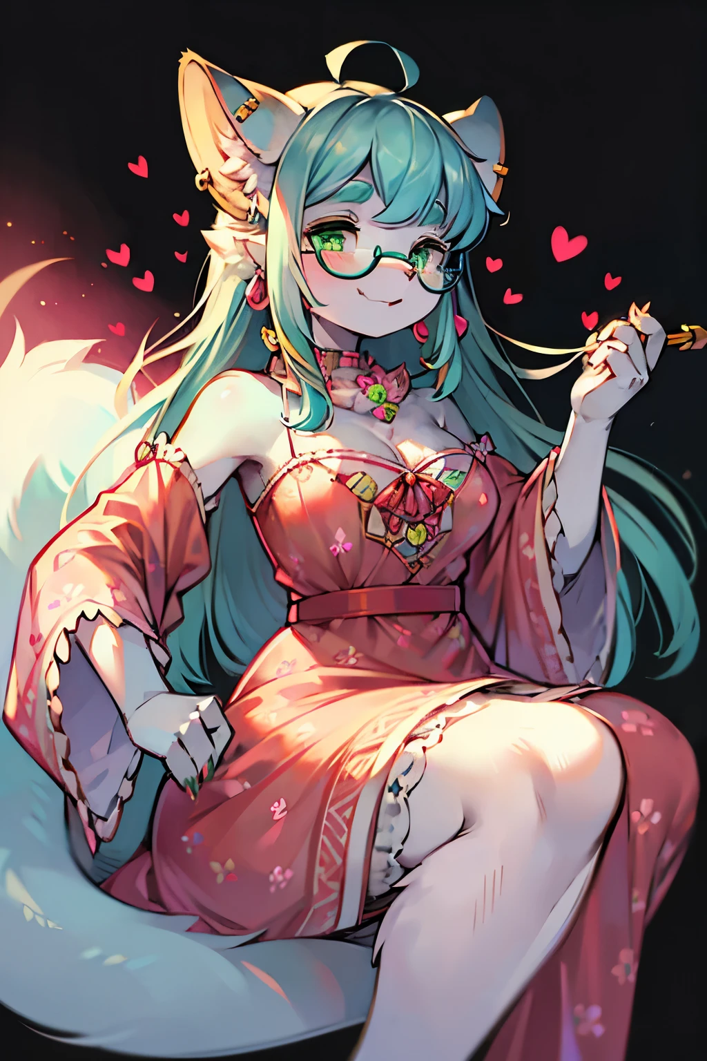 Clara Catnip, A medium-sized anthropomorphic cat with light gray fur and heart-shaped spots., emerald green eyes, pointed ears with white tufts, long tail with heart pattern, Sharp claws with pink glow, dressed in fashion from the 60s and 70s, dresses with geometric and floral patterns in vibrant colors, Silk scarves with heart motifs, large hoop earrings, tape measure around the neck, pins and needles held behind the ear, long white mustache, half-moon glasses, flirty style and 70s-60s hair.