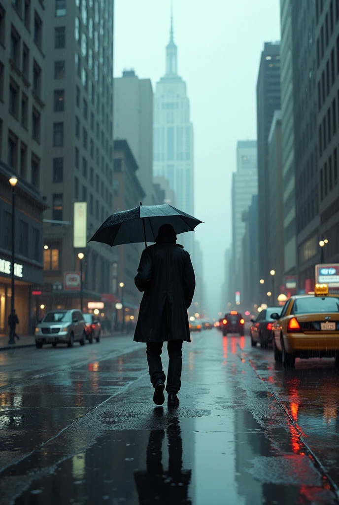 City with a man in the rain 