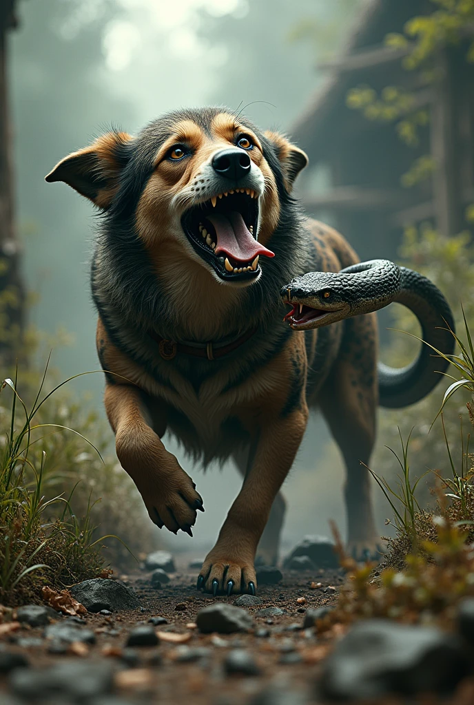 A scored dog is being attacked by a snake