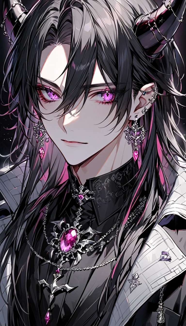 alone, good looking, 1 male, Long hair, Middle parted hair, Black hair, dark pink eyes, Black shirt, White Thailand, Black Trench Coat, Royal Silver Jewellery, Royal Demon Earrings, Black horns, Front Facing, Vtuber Front Facing Camera